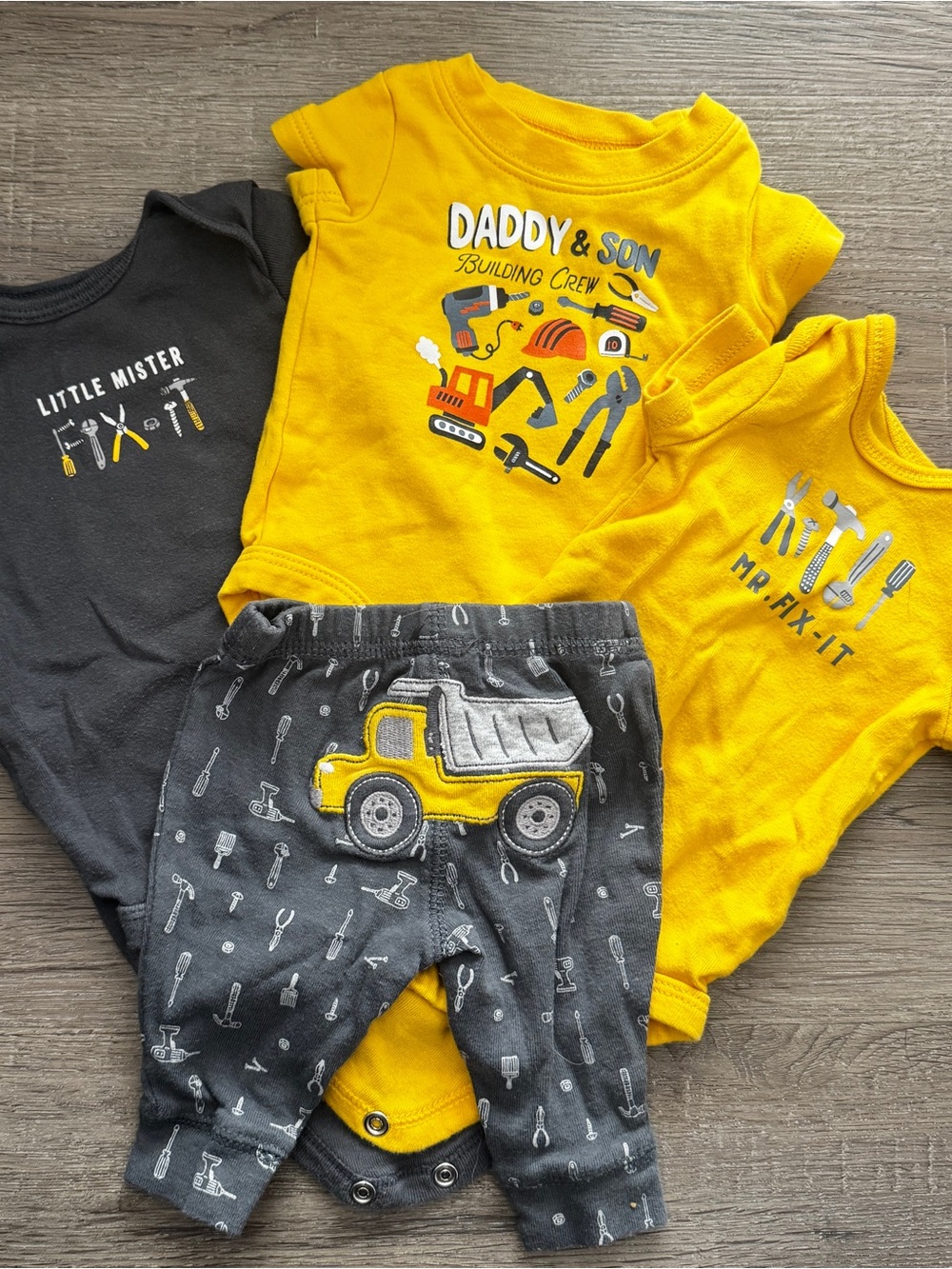 Daddy & Son Building Crew Yellow Baby Bodysuits with Tool Graphic